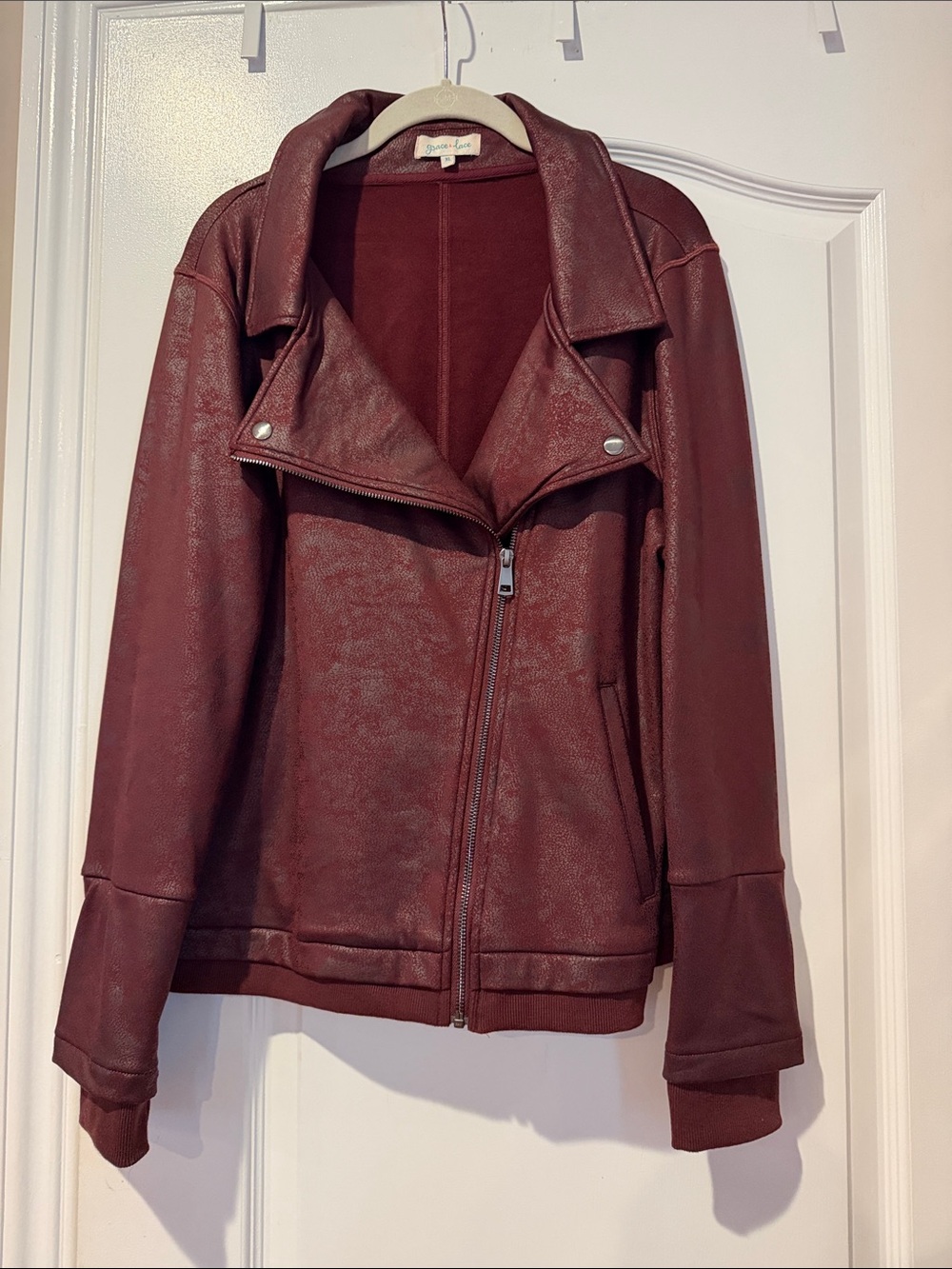 Grace & Lace Burgundy Women's Faux Leather Moto Jacket-XL